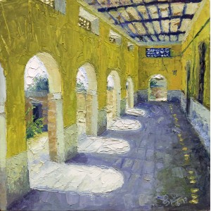 Saba Qayoom Leghari, Haveli  Interior, 12 x 12 Inch, Oil on Canvas, Citycape Painting, AC-SQL-038